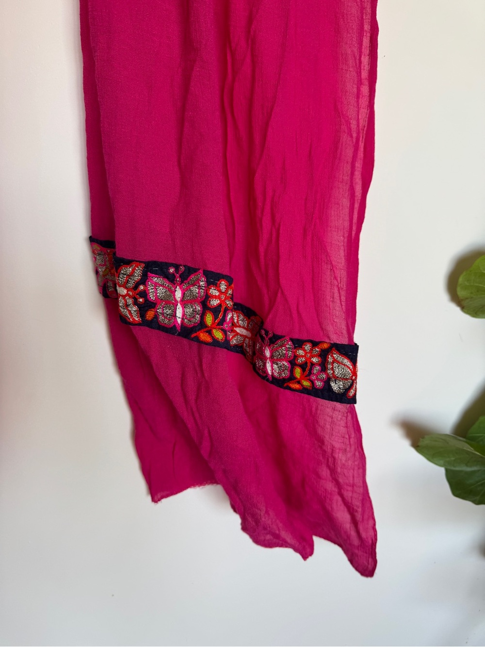 Bright Fuchsia Scarf with Embroidered Butterfly Trim